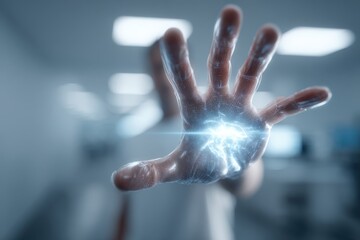 Fototapete - Abstract digital human hand reaching out with glowing energy, showcasing futuristic technology and connectivity with high tech atmosphere background.
