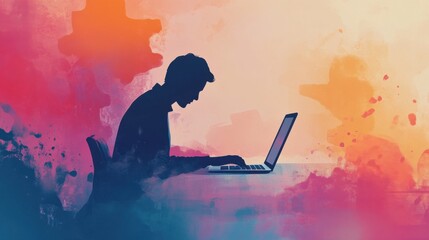 Aufkleber - Young man typing on laptop in serene workspace indoors