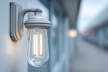 Poster - A close-up shot of an elegant modern wall lamp illuminating a blurred background, showcasing contemporary design and warm lighting against a muted backdrop.
