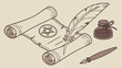 © Georgking - Vintage occult writing set with an antique scroll featuring a pentagram, a feather quill pen, an inkwell, and a dip pen, in a sepia-toned line art style.