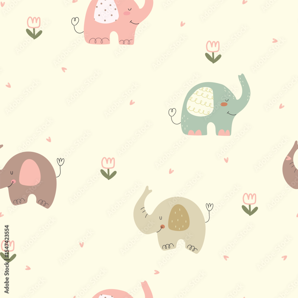 Seamless pattern with cute hand drawn elephants, tulips and hearts ...