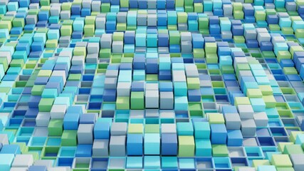 Wall Mural - futuristic 3d background with synchronized shapes in blue, green, and gray colors. seamless looped m