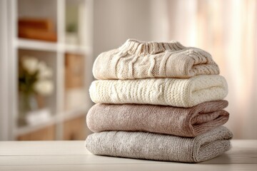 Poster - A neat stack of cozy knitted sweaters, showcasing a variety of textures and neutral tones, offering a warm and inviting aesthetic for winter and fall apparel.