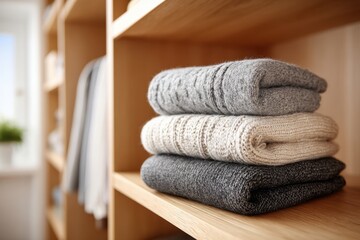 Poster - Stack of neatly folded knitted sweaters in a wooden wardrobe, showcasing organization and comfort for autumn or winter season, cozy atmosphere and lifestyle details.