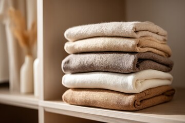Poster - Neatly stacked neutral tone knit sweaters on a shelf, organized in an aesthetic and cozy display, showcasing soft textures and a warm, inviting ambiance.