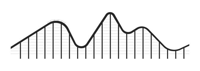 Fototapete - Thrilling roller coaster ride 2D line object. Amusement theme park attraction steep drop. Rail rollercoaster train reaching peak isolated clipart vector ink outline item. Monochrome spot illustration