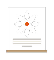 Poster - Science poster on wooden stand with atomic model 2D cartoon object. STEM research display. Physics atom nucleus educational paper isolated element flat vector clip art on white. Spot illustration