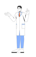 Poster - Friendly korean male scientist explaining in lab coat 2D cartoon character. STEM researcher asian man expert presenting gesturing flat vector person isolated on white. Spot illustration colorful