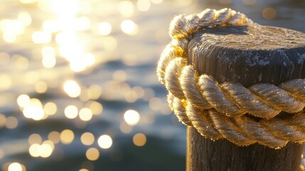 Aufkleber - Golden rope wrapped around wooden post by tranquil water at sunset
