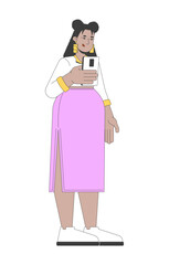 Poster - Curvy latina woman taking photo on smartphone 2D cartoon character. Plus size hispanic female in casual wear mobile phone selfie flat vector person isolated on white. Spot illustration colorful