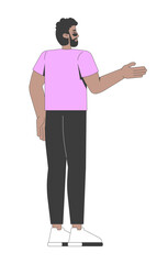 Poster - Bearded black man in pink tshirt gesturing while facing away 2D cartoon character. African american modern guy in sunglasses pointing flat vector person isolated on white. Spot illustration colorful
