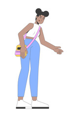 Poster - Modern black woman with crossbody bag reaching out 2D cartoon character. African american girl leaning forward in casual fashion flat vector person isolated on white. Spot illustration colorful