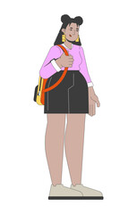 Aufkleber - Streetwear latin american curvy woman carrying backpack 2D cartoon character. Plus size hispanic girl student with rucksack flat vector person isolated on white. Spot illustration colorful