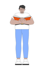 Aufkleber - Eyeglasses arab man intently reading open book 2D cartoon character. Standing glasses guy holding novel with concentrated expression flat vector person isolated on white. Spot illustration colorful