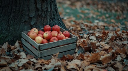 Poster - Many apples in a wooden crate by a tree trunk in autumn