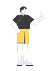 Poster - European plus size man in black tshirt pointing up 2D cartoon character. Asian plump guy raising one finger with hand in pocket flat vector person isolated on white. Spot illustration colorful