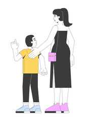 Aufkleber - European mother gently leading young son while walking 2D cartoon characters. Korean woman in black dress with pointing boy child flat vector people isolated on white. Spot illustration colorful