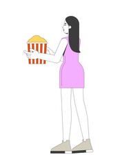 Poster - Long-haired asian woman in mini dress carrying popcorn bucket 2D cartoon character. European female in minidress holding movie snack flat vector person isolated on white. Spot illustration colorful
