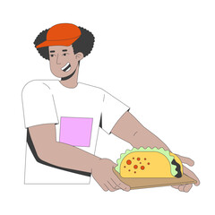 Poster - Smiling latino street food vendor offering taco on tray 2D cartoon character. Hispanic man in cap serving fastfood. Friendly worker flat vector person isolated on white. Spot illustration colorful
