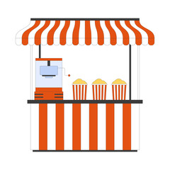 Poster - Popcorn stall with striped canopy and machine 2D cartoon object. Food festival vendor kiosk. Snack counter with popcorn buckets isolated element flat vector clip art on white. Spot illustration