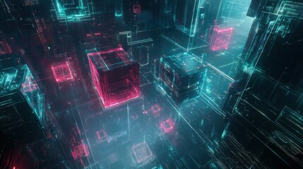 Fototapete - Abstract digital environment with glowing cubes and lines