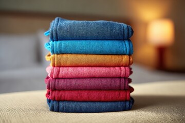 Poster - A neatly stacked pile of colorful folded fabrics, creating a vibrant spectrum of hues and textures against a soft, neutral background, symbolizing organization.