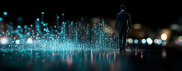 Poster - Businessman standing near glowing digital data visualization with blue light particles and network connections on dark reflective surface. Future technology concept.