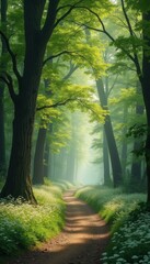 Poster - Serene winding path through misty forest with flowers