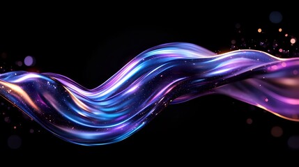 Poster - Flowing abstract wave with vibrant blue and purple colors against black background, glowing light effects and bokeh particles create dynamic motion design element.