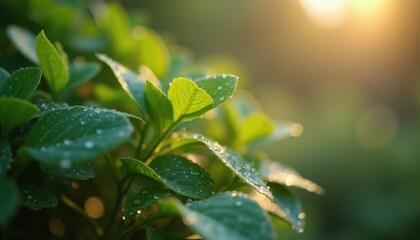 Poster - Numerous green leaves covered in water droplets in garden