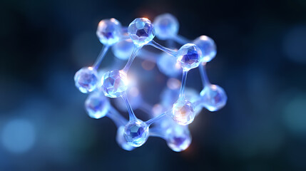 Aufkleber - Glowing molecular structure with blue spheres connected by bright lines forming geometric shape against dark background, science visualization concept.