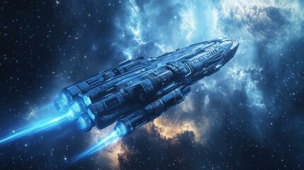 Poster - Spaceship traveling through a nebula in deep space