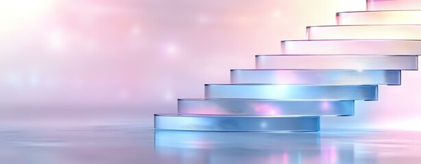 Poster - Glowing glass staircase with blue and pink gradient lighting against misty background creates futuristic minimalist architectural composition.