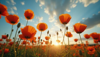 Aufkleber - Vibrant poppy flowers in sunset light over serene field