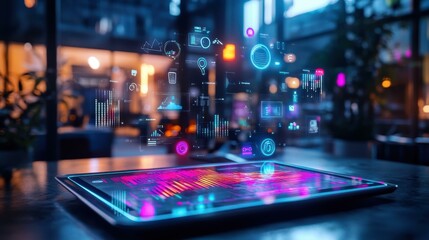 Poster - Futuristic tablet displaying vibrant data visualizations in cafe