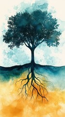 Poster - Serene watercolor painting of a tree with roots and branches