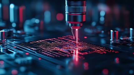 Poster - Laser engraving process on electronic circuit board with red and blue lighting effects, close-up view showing precision manufacturing technology in modern production.