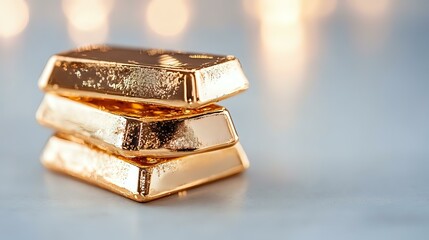 Poster - Stacked gold bars with reflective surface on blurred background. Luxury investment and banking concept showing wealth, prosperity and financial success.