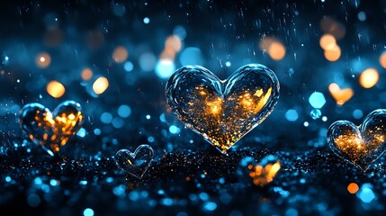 Poster - Glowing heart shapes with golden lights against dark blue background with bokeh effect and water drops creating magical romantic atmosphere.