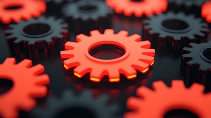 Poster - Red and black mechanical gears arranged in pattern showing industrial machinery parts, technology concept with selective focus on central cog wheel.