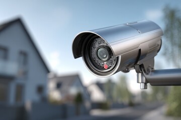 Poster - Close-up shot of a modern CCTV security camera for surveillance monitoring, placed on a metal pole, with blurry building and sky in the background.