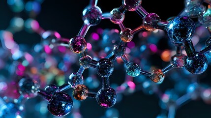 Poster - Glowing molecular structure with pink and blue illumination on dark background shows scientific concept of chemistry, biology and nanotechnology research.