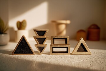 Poster - Elegant still life featuring geometric shapes in warm light, showcasing modern art and design principles, minimalist decor, and subtle contrasts in texture and form.