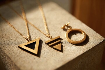 Poster - Elegant golden jewelry showcasing minimalist designs, including triangle pendants and a circular earring, displayed on a textured concrete surface, in soft lighting.