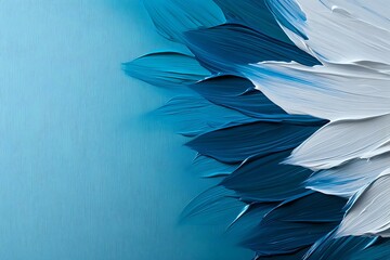Poster - Delicate feather arrangement in gradient shades of blue and white creating abstract pattern on turquoise background, suitable for modern interior design and wall art.