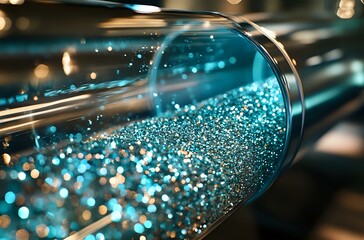 Poster - Glowing turquoise particles floating in glass tube with blurred bokeh effect create magical scientific atmosphere, suitable for technology and research concepts.