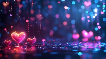 Poster - Glowing pink hearts with magical sparkles and bokeh lights on dark blue background, romantic atmosphere with dreamy illumination and reflective surface.