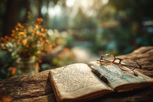 An open antique book with handwritten text rests with glasses and a pen, on a wooden table, surrounded by a blurry background of flowers and greenery in warm light.