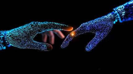 Poster - Glowing digital hands reaching towards each other with luminous particle effect against dark background, symbolizing connection and technological touch.