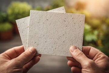 Poster - Close-up of hands holding two blank textured cards in a natural light setting, perfect for displaying information, or creating invitations with rustic charm.